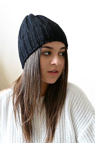 Runde Perlé Beanie weiche dünne Mütze aus 100% Merinowolle schwarz Wintermü günstig online kaufen