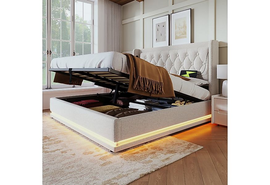 Flieks Polsterbett, LED Hydraulisches Stauraumbett Doppelbett 160x200cm mit günstig online kaufen