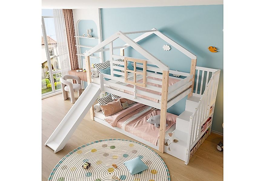 STILVORA Etagenbett 90x200 mit Rutsche,Holzbett Kinderbett mit Dach&Staurau günstig online kaufen