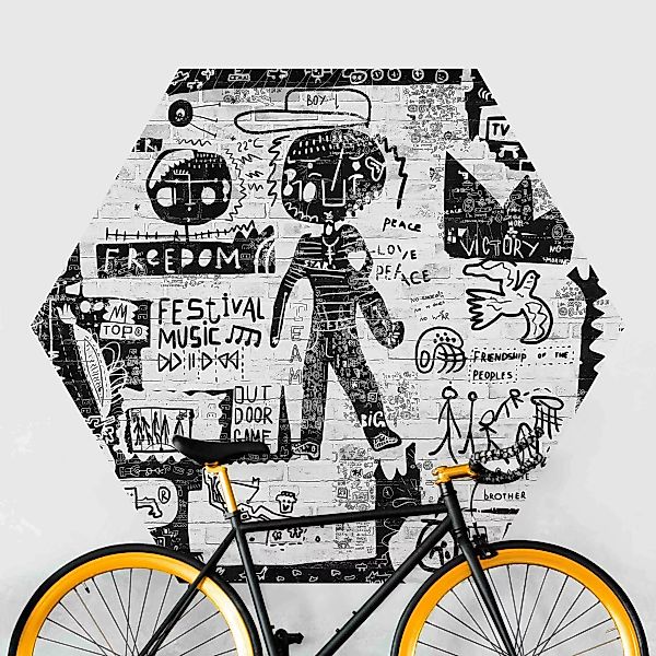 Hexagon Mustertapete selbstklebend Abstract Graffiti Art Schwarz Weiß günstig online kaufen