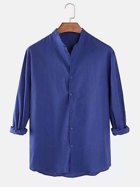 Herren Baumwolle Leinen Plain einfarbig Stehkragen Casual Langarm Shirts günstig online kaufen