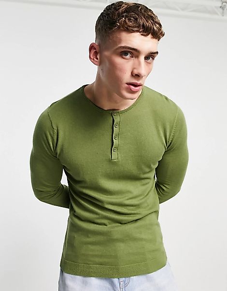 ASOS DESIGN – Grandad-Polohemd aus Baumwollstrick in Khaki-Grün günstig online kaufen