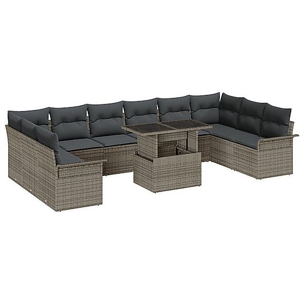 vidaXL Loungesofa 11-tlg. Garten-Sofagarnitur mit Kissen Grau Poly Rattan, günstig online kaufen