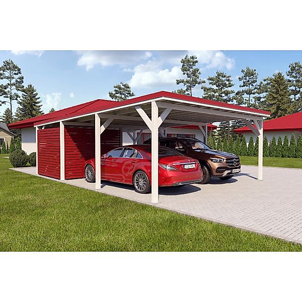 Holzbrüder Carport Ralf 52m² mit kl. Geräteraum Weiß-Rot günstig online kaufen