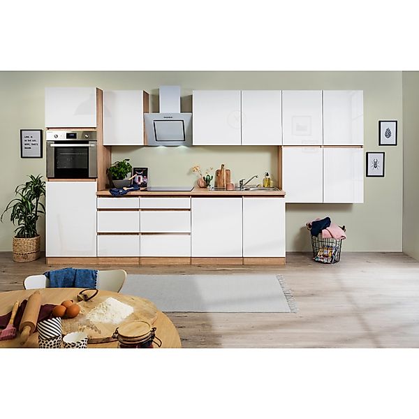 Respekta Küchenzeile GLRP380HESW Grifflos 380 cm Weiß Hochglanz-Sonoma Eich günstig online kaufen