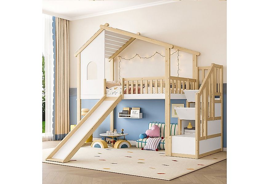 Flieks Etagenbett, Kinderbett 90x200cm mit Haus-Fenster-Design, Stauraumtre günstig online kaufen