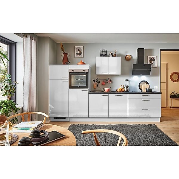 pino Küchenzeile 330 cm Lichtgrau Hochglanz Anschlag,inks 2 Geräteschränke günstig online kaufen