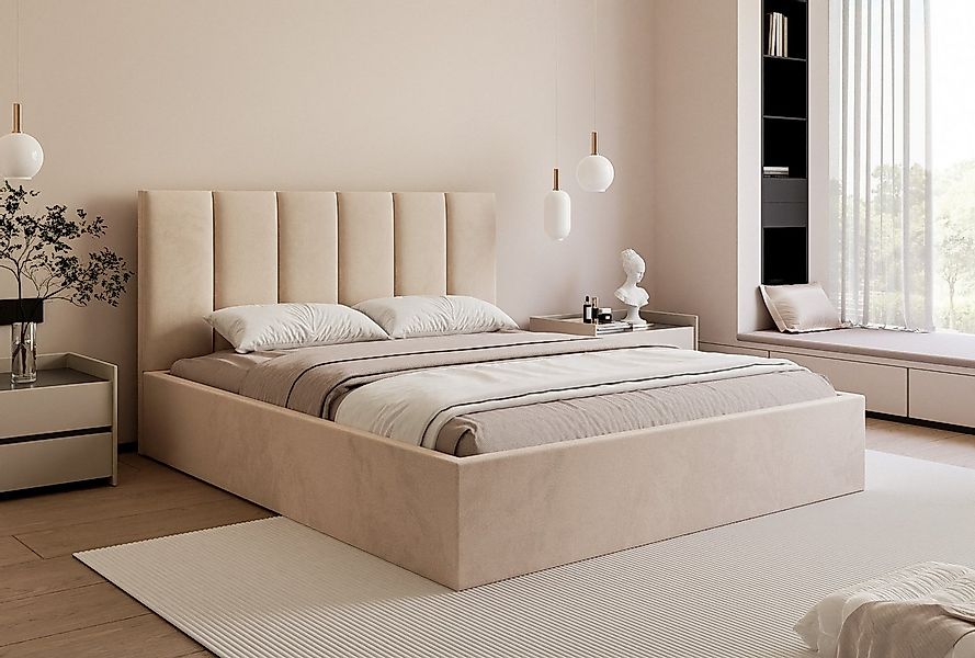 Goldstoff Polsterbett mit Stauraum & elegantem Kopfteil - modernes Stauraum günstig online kaufen