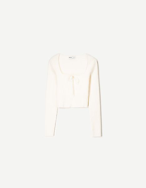 Bershka Pullover Mit Kastenausschnitt Und Schleife Damen Xs Weiss günstig online kaufen