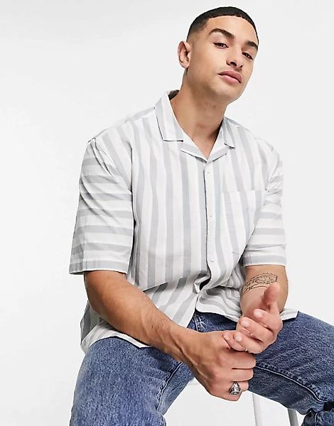 Topman – Oversize-Hemd in Stein gestreift mit Reverskragen-Neutral günstig online kaufen