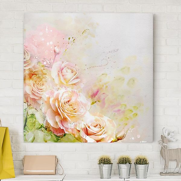 Leinwandbild - Quadrat Aquarell Rosen Komposition günstig online kaufen