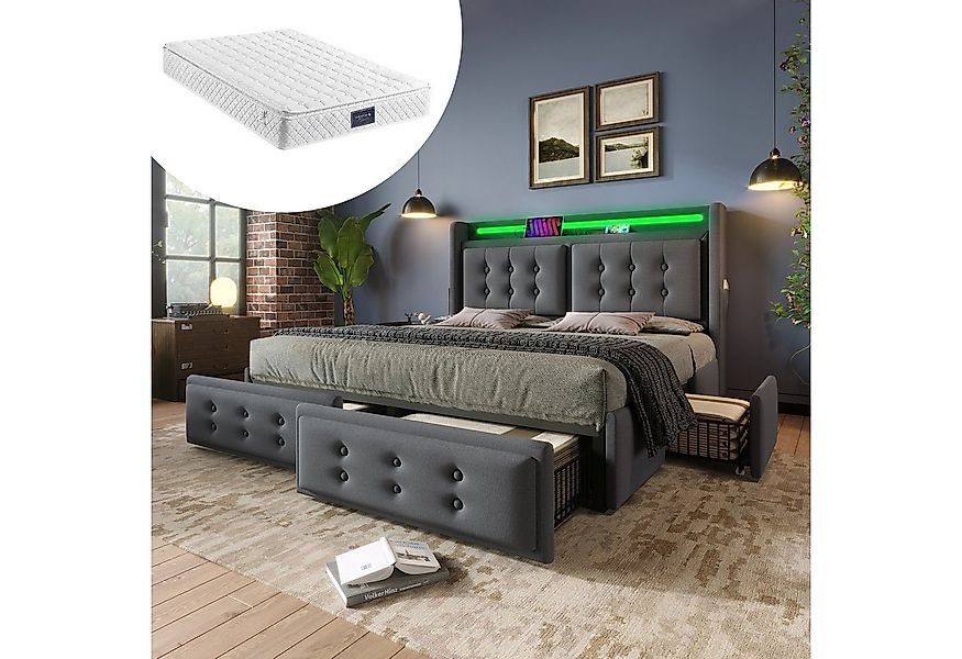 HAUSS SPOLE Polsterbett 160x200cm mit Led, Ladefunktion und 4 Schubladen, G günstig online kaufen