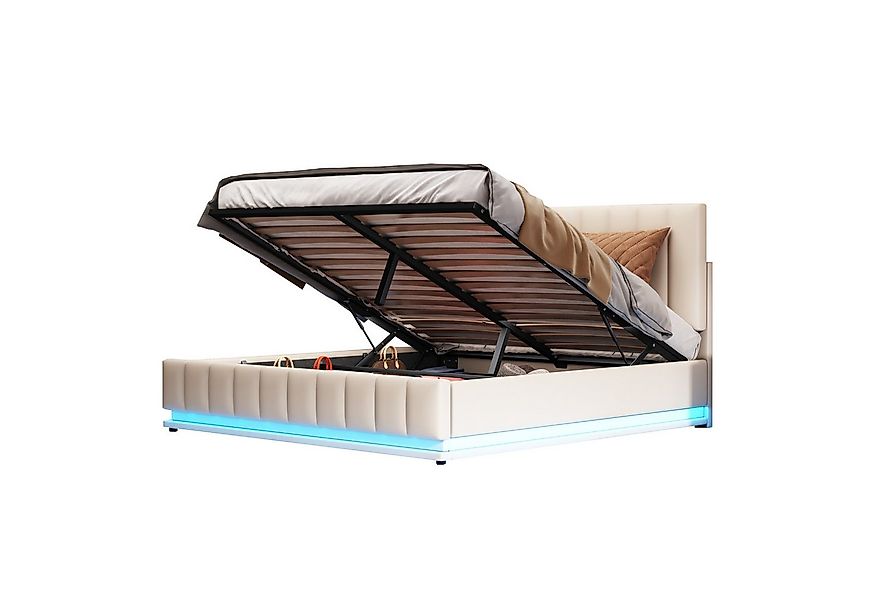 Flieks Polsterbett, LED Hydraulisches Stauraumbett Kunstleder 160x200cm günstig online kaufen