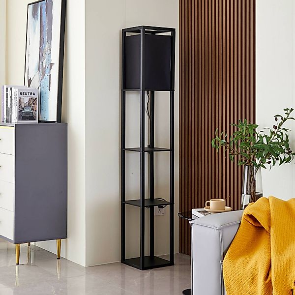 Lindby Stehleuchte Birta, schwarz, Regal, Holz, 159 cm günstig online kaufen