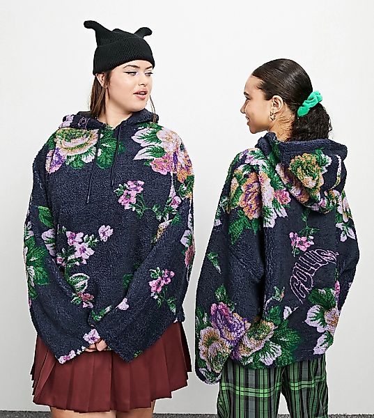 COLLUSION – Oversize-Kapuzenpullover aus Teddyfell mit Blumenmuster in Blau günstig online kaufen