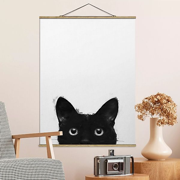 Stoffbild Tiere mit Posterleisten - Hochformat Illustration Schwarze Katze günstig online kaufen