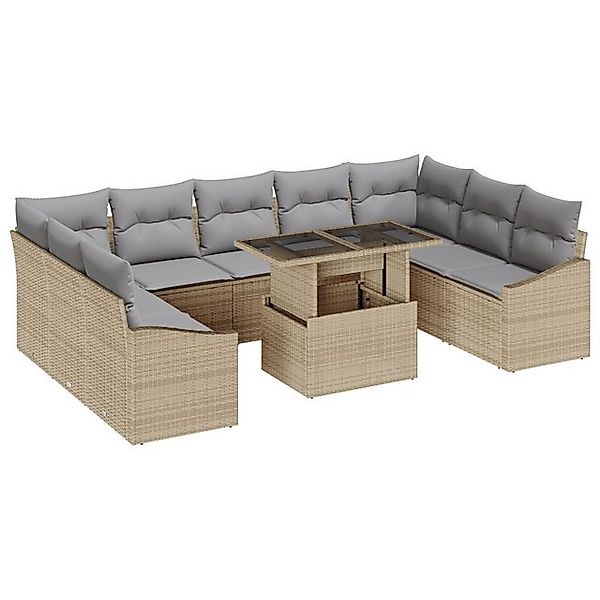 vidaXL Loungesofa 10-teiliges Garten-Sofa-Set mit Kissen Beige Poly Rattan, günstig online kaufen