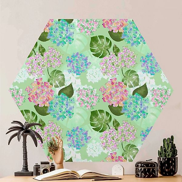 Hexagon Mustertapete Hortensie im Paradies Grün günstig online kaufen