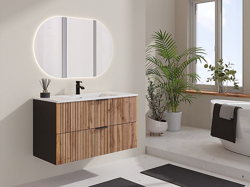 Waschbeckenunterschrank hängend mit Einbauwaschbecken - Holzfarben hell & S günstig online kaufen