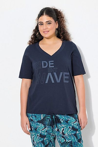 Ulla Popken T-Shirt T-Shirt Schriftdruck Saumband V-Ausschnitt Halbarm günstig online kaufen