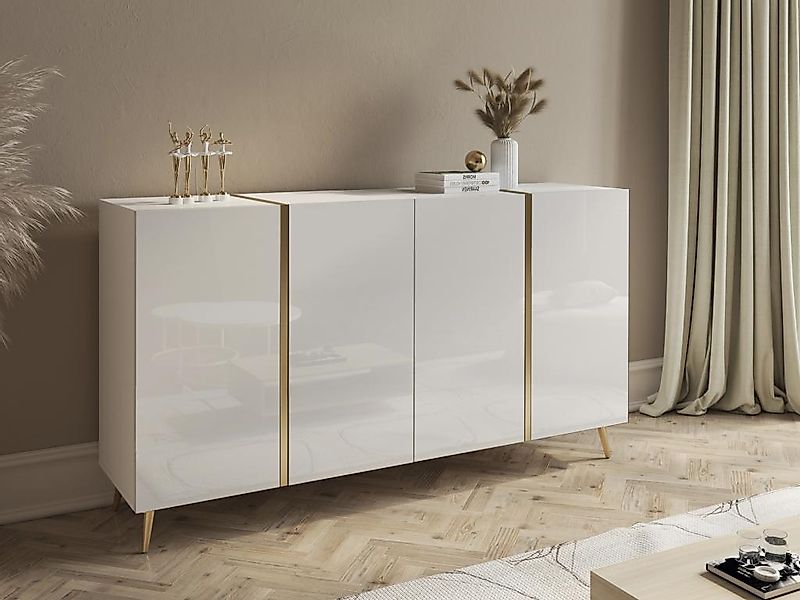 Sideboard mit 4 Türen - 158 cm - Weiß glänzend & Goldfarben - MARZIALO günstig online kaufen