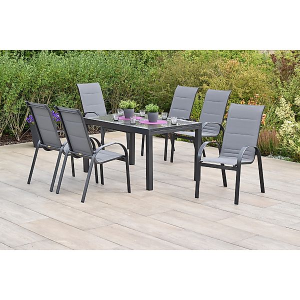Merxx Amalfi Set 7 -tlg. 6 Stapelsessel Gartentisch 150 x 90 cm Grau günstig online kaufen