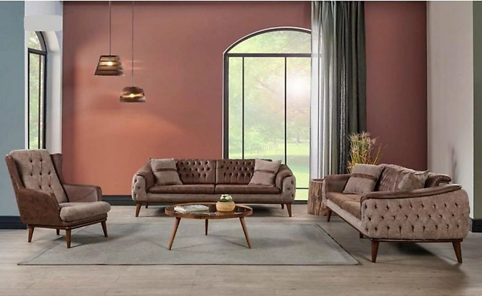 JVmoebel Sofa Braun Sofagarnitur Luxus Sessel 3+3+1 Sitzer Chesterfield Des günstig online kaufen