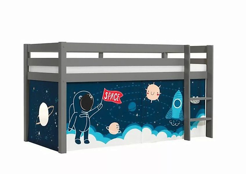 Natur24 Kinderbett Halbhohes Bett Pino mit Textilset Rakete Kiefer Grau lac günstig online kaufen