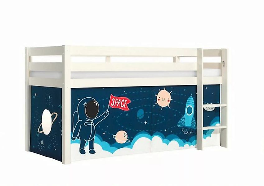 Natur24 Kinderbett Halbhohes Bett Pino mit Textilset Rakete Kiefer Weiß lac günstig online kaufen