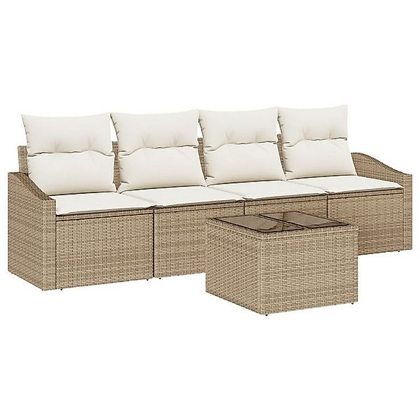 vidaXL Loungesofa 5-teiliges Garten-Sofa-Set mit Kissen Beige Poly-Rattan, günstig online kaufen