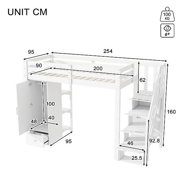 Flieks Hochbett Kinderbett 90x200cm mit Schublade Kleiderschrank Regale Sta günstig online kaufen