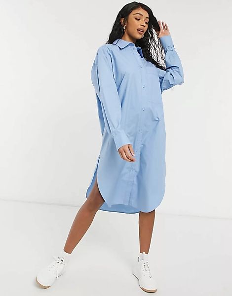 Monki – Carol – Midi-Hemdkleid aus blauer Baumwoll-Popeline günstig online kaufen
