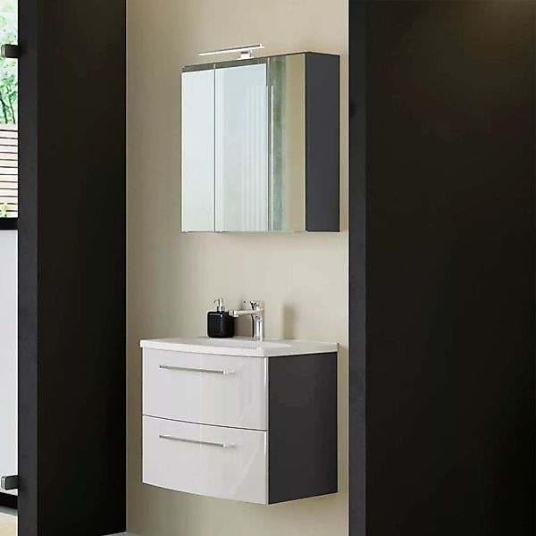 Design Badezimmer Set in Weiß Hochglanz und Dunkelgrau LED Beleuchtung (zwe günstig online kaufen