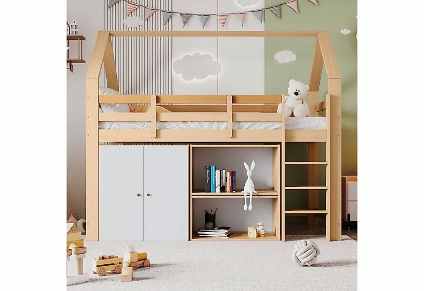 SOFTWEARY Hochbett Hausbett mit Lattenrost (90x200 cm) Kinderbett inkl. Rau günstig online kaufen
