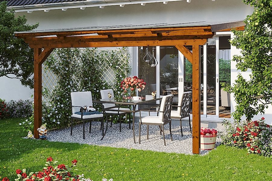 Skan Holz Terrassenüberdachung Ancona 434 x 400 cm Leimholz Nussbaum günstig online kaufen