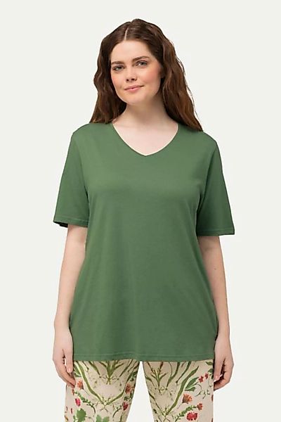 Ulla Popken Pyjamaoberteil Pyjama-Shirt V-Ausschnitt Halbarm Biobaumwolle günstig online kaufen