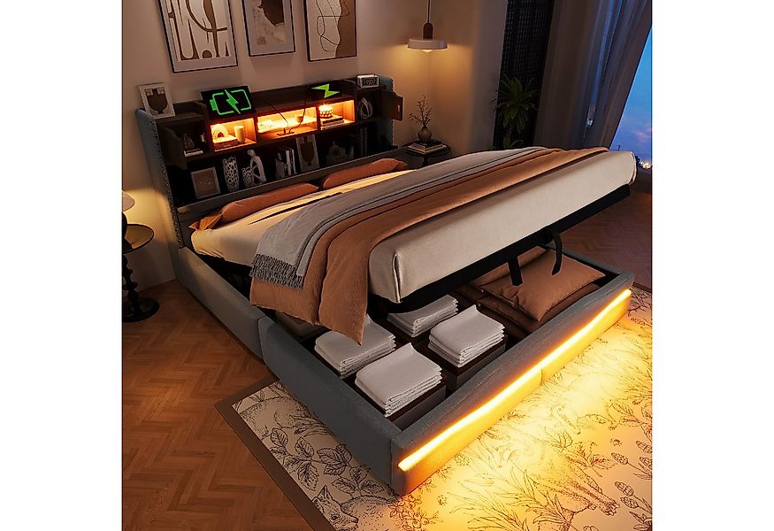 Merax Polsterbett (Stauraumbett aus Leinenstoff, 1-tlg., Kopfteil mit Ablag günstig online kaufen