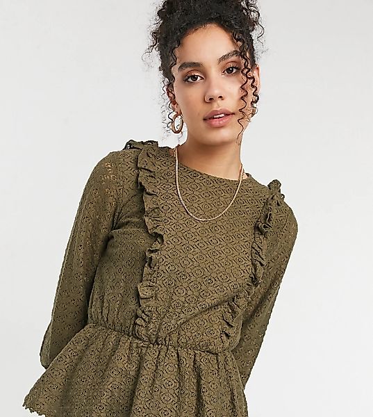 Vero Moda Tall – Bluse in Khaki mit Schößchen aus Spitze-Grün günstig online kaufen