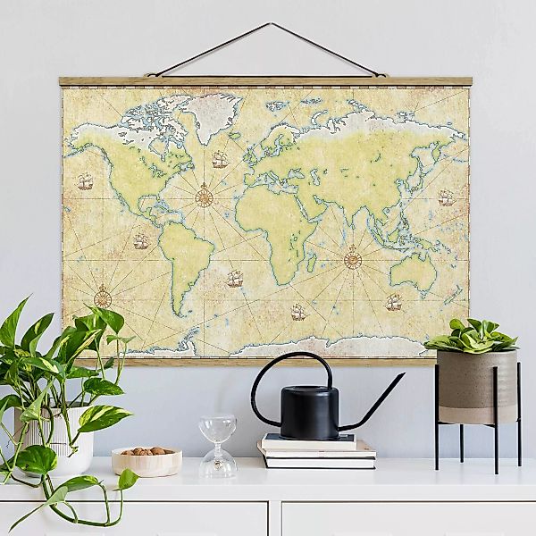Stoffbild Karten mit Posterleisten - Querformat World Map günstig online kaufen
