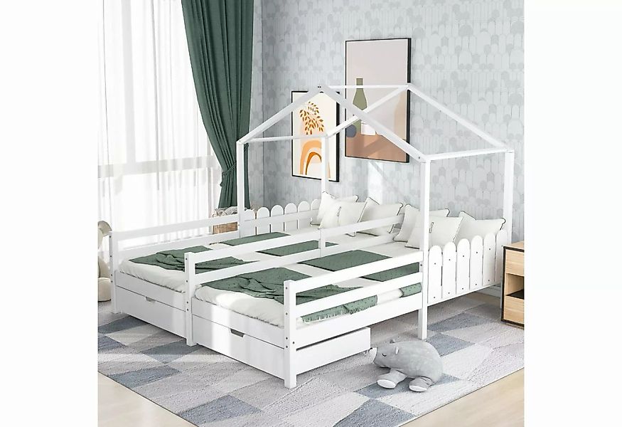 Merax Hausbett 90x200 cm mit zwei Liegefläche und Schubladen, Hausbett mit günstig online kaufen