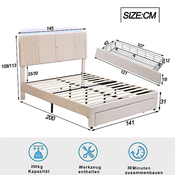 STILVORA Polsterbett 140x200 Bettgestell mit Matratze,Jugendbett mit USB&LE günstig online kaufen