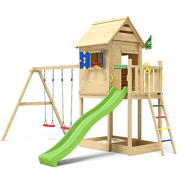 Jungle Gym Spielturm Holz Hideout mit Dach 2 Schaukeln Fensterl. Rutsche He günstig online kaufen