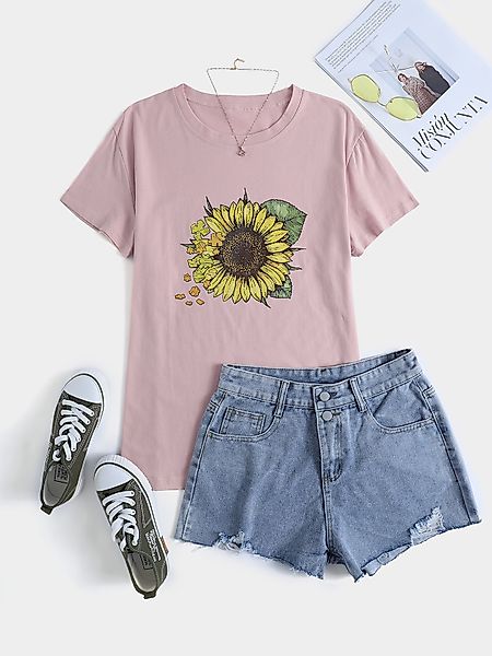 Plus Size Rundhalsausschnitt Blumendruck Kurzarm T-Shirt günstig online kaufen