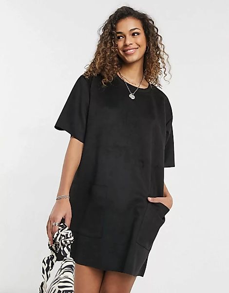 ASOS DESIGN – Oversize-T-Shirt-Kleid in Wildleder-Optik mit Tasche in Schwa günstig online kaufen