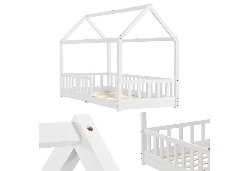 Juskys Kinderbett Marli, 90x200 cm, Hausoptik mit Dach, Holz, Rausfallschut günstig online kaufen