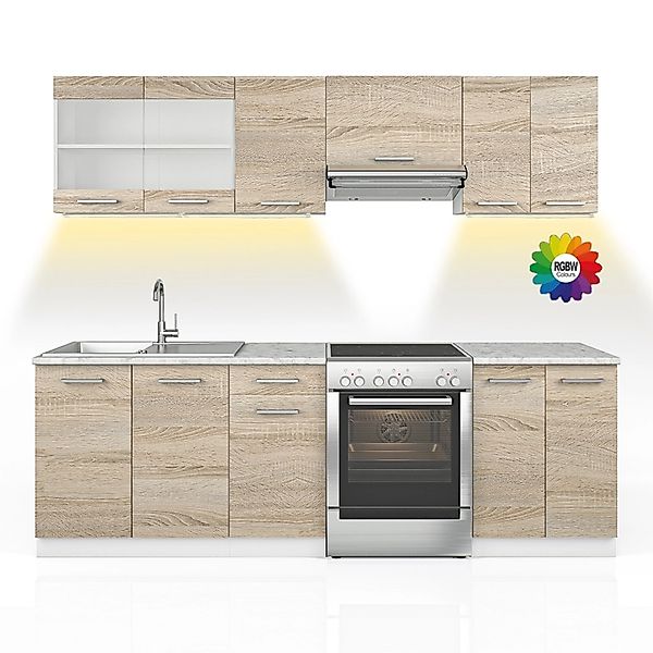 Vicco Raul Küchenzeile Sonoma 240 cm AP Marmor mit LED-LeistenRaul günstig online kaufen