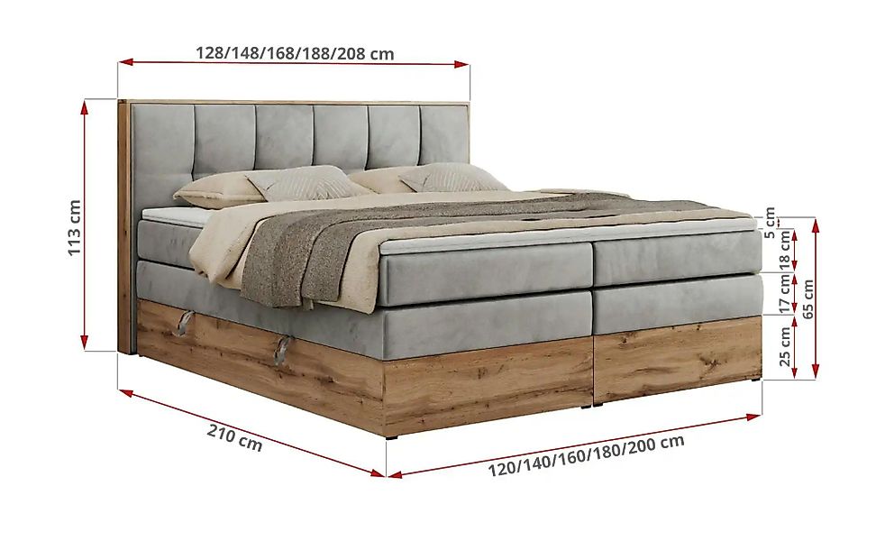 Boxspringbett mit Bettkasten Albero 1 King ¦ grau ¦ Maße (cm): B: 128 H: 11 günstig online kaufen