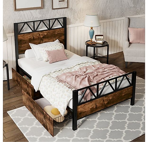 XDeer Metallbett Metallbett, Kinderbett, Vintage-Holzfarben, Zwei Schublade günstig online kaufen