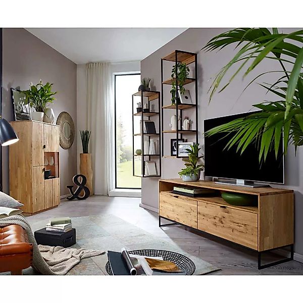 Wohnzimmerwohnwand aus Wildeiche Massivholz Metall (vierteilig) günstig online kaufen