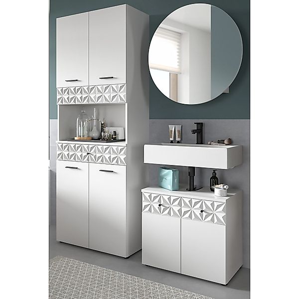 Inn.Furn Badmöbel Set 3-teilig in Weiß Hochglanz 155 cm Relief günstig online kaufen
